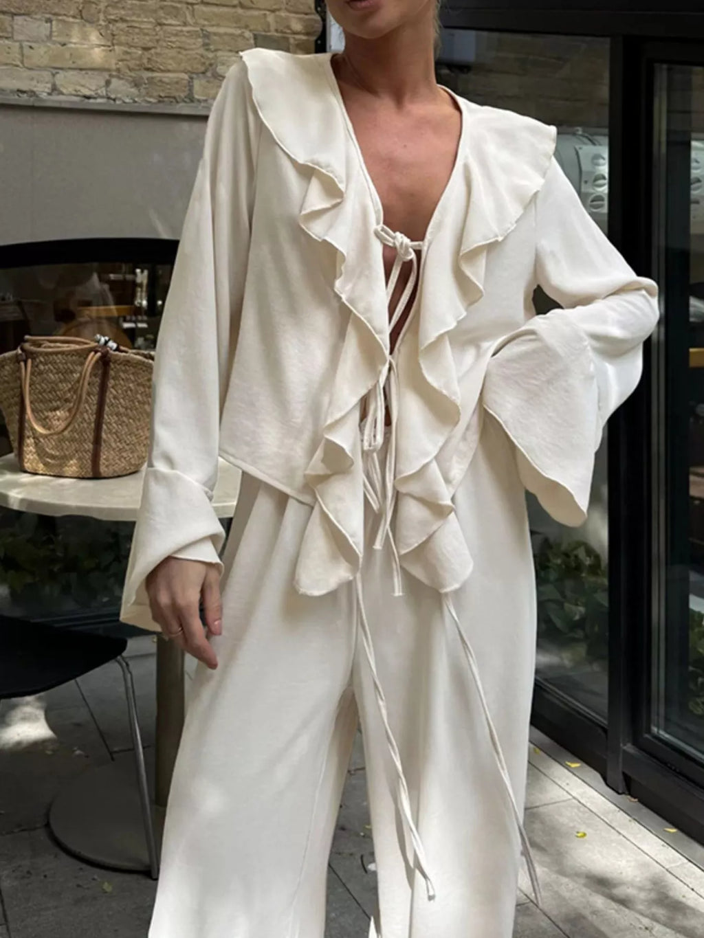 women's ruffle trim tie front top and pants set - additional image