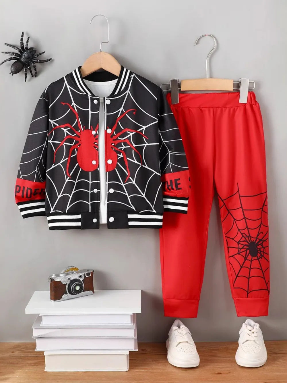 spider baseball collar top and pants set — stylish clothing for kids