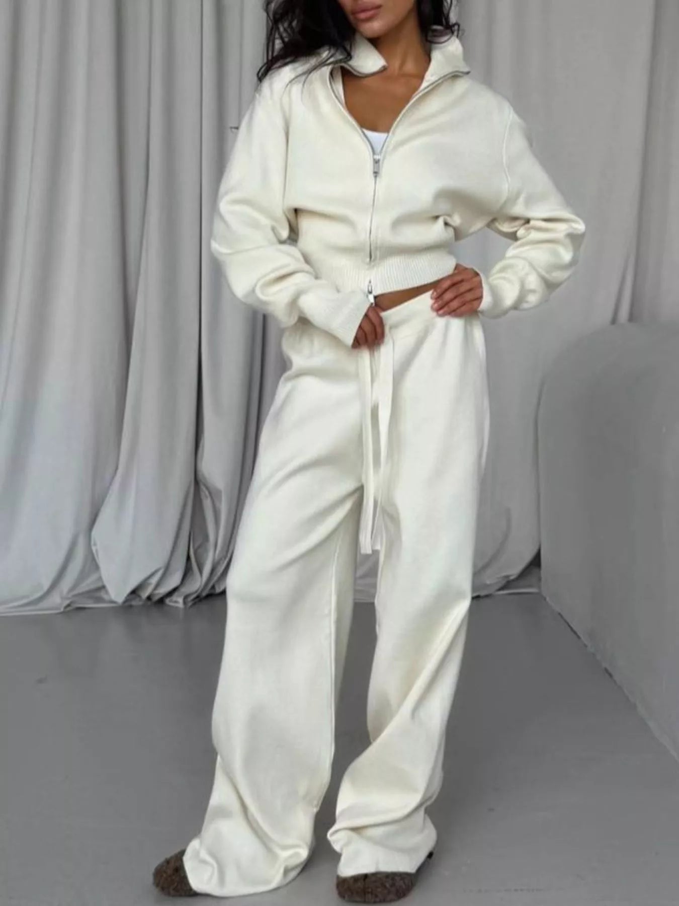 women's zip-up outerwear and  drawstring pants set - product showcase
