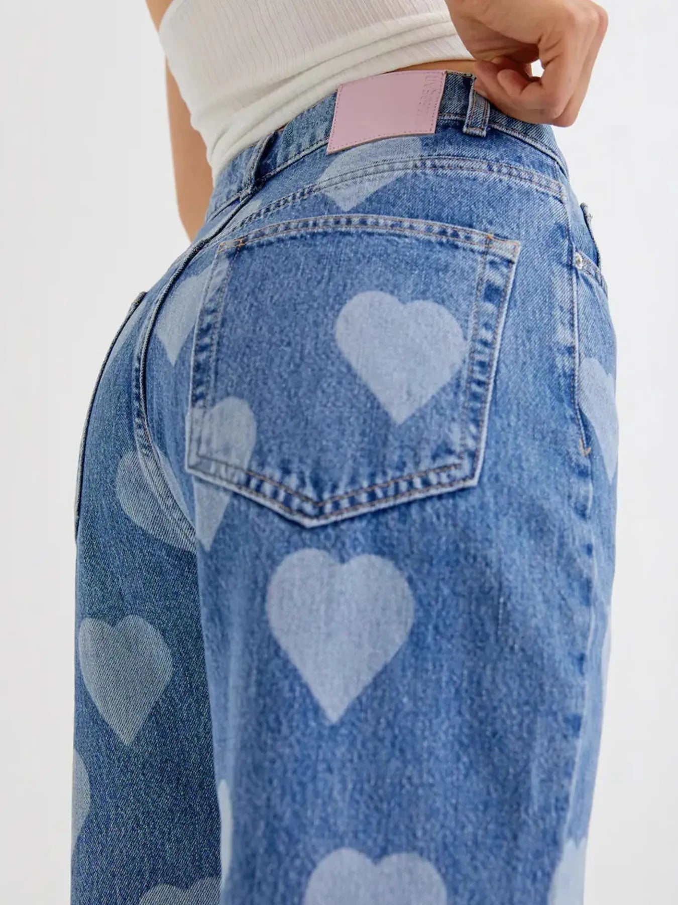 Heart Pattern High-Waist Wide Leg Jeans