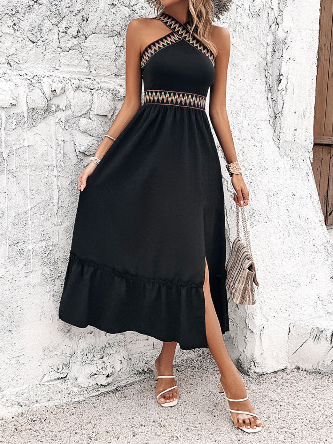 Devine Ruffled Slit Sleeveless Midi Dress