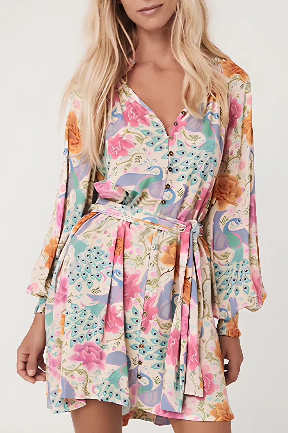 Printed Notched Lantern Sleeve Dress Floral