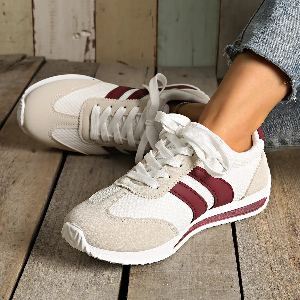 women's striped contrast mesh lace up sneakers - product detail