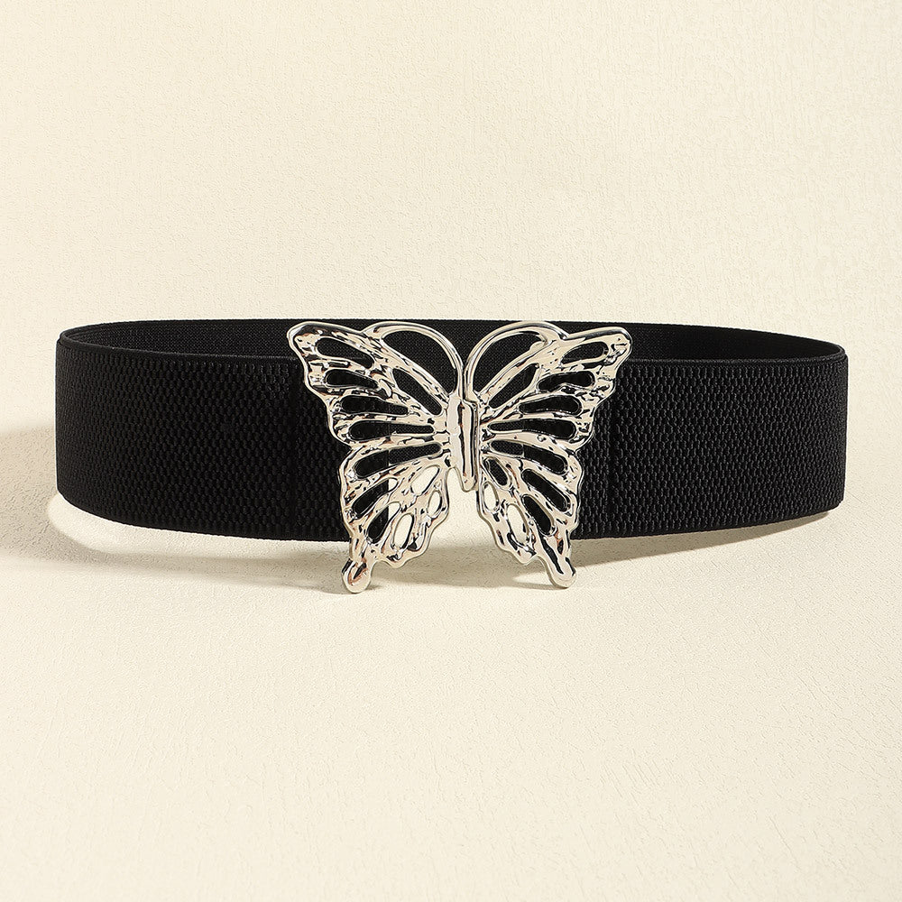 Butterfly Alloy Buckle Elastic Belt Black One Size