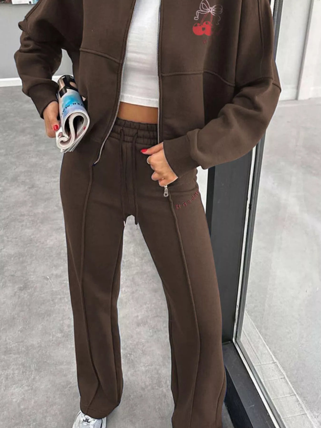 women's zip up dropped shoulder outerwear and pants set - additional image