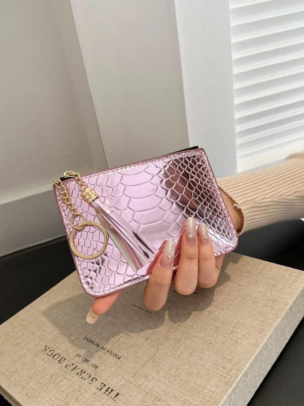 PU Leather Tassel Trim Card Case Pink Purple One Size