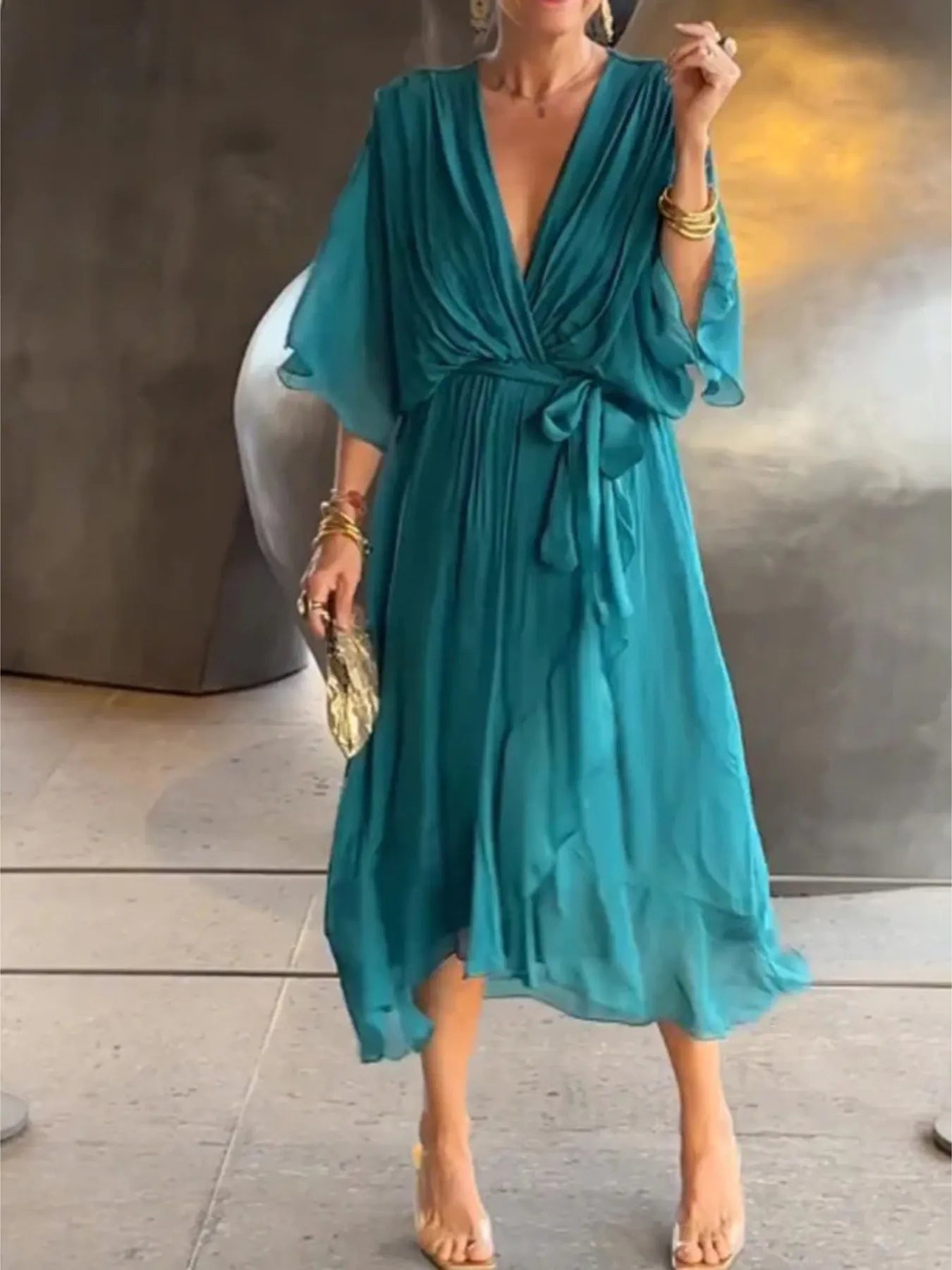Full Size Flowy Tie Front Midi Dress with Flutter Sleeves Plus Size Lake Blue