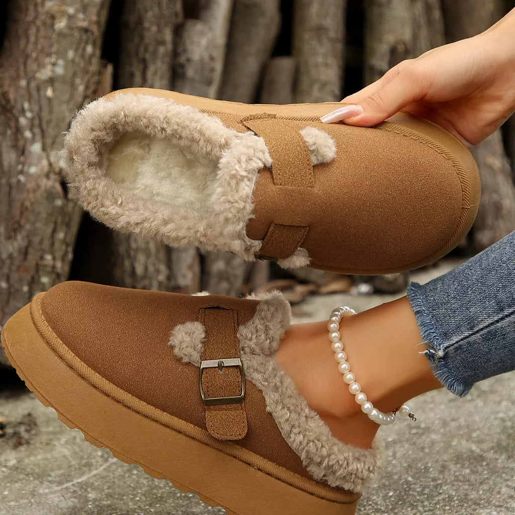 women's fuzzy trim buckle platform slippers - additional image