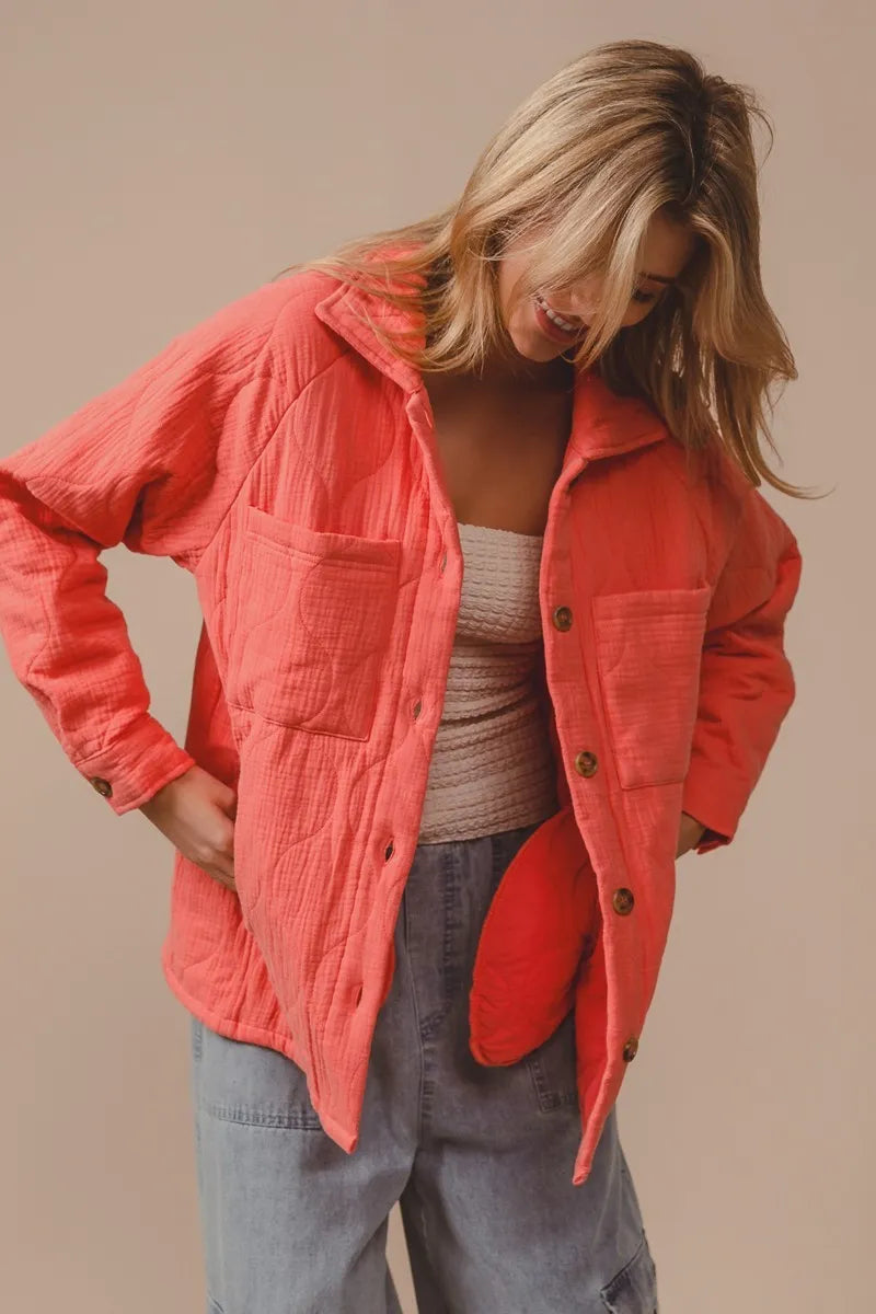 bibi quilted wrinkle gauze long sleeve shacket shown as women’s outerwear