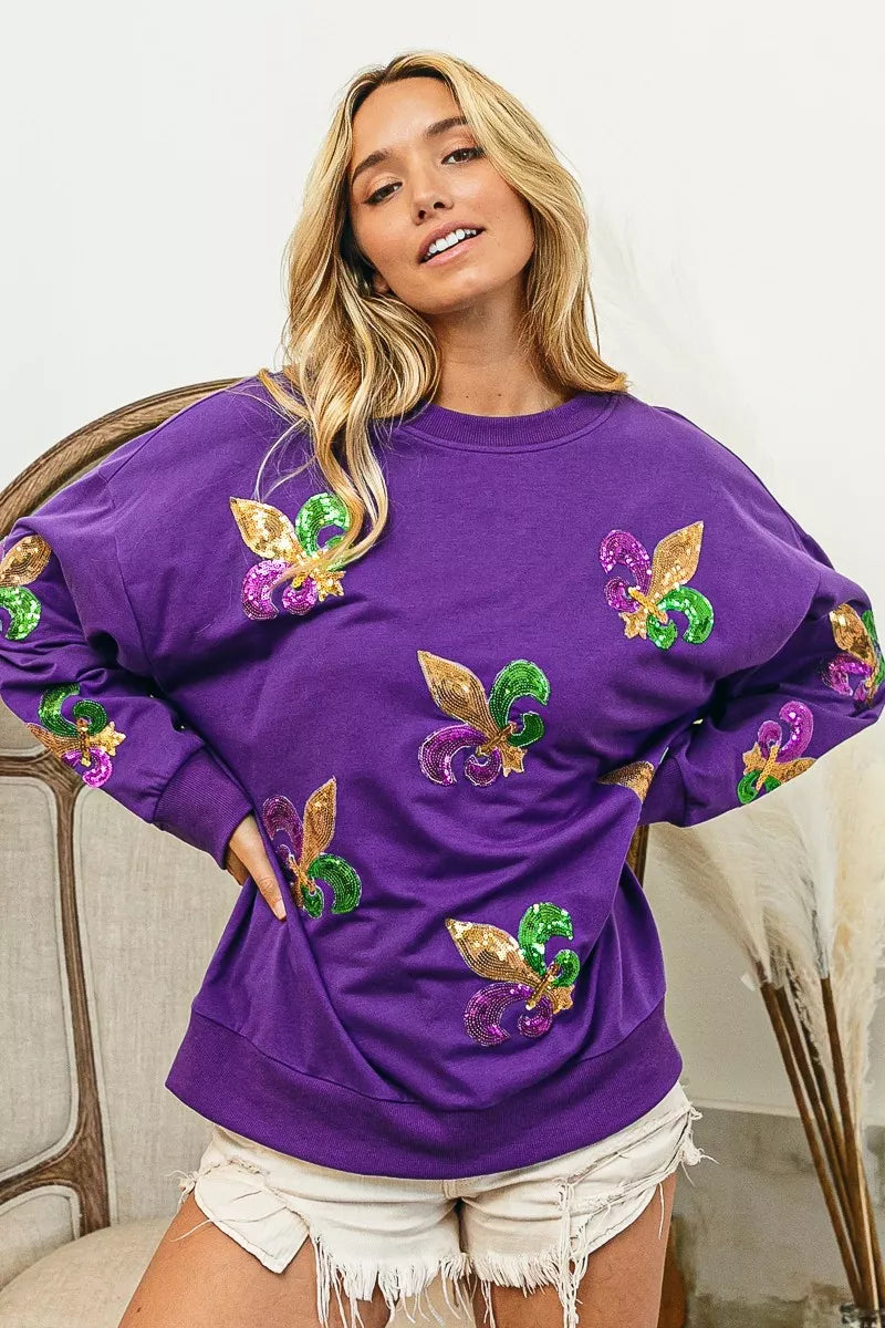 women's bibi fleur de lis sequin patches mardi gras sweatshirt - additional image