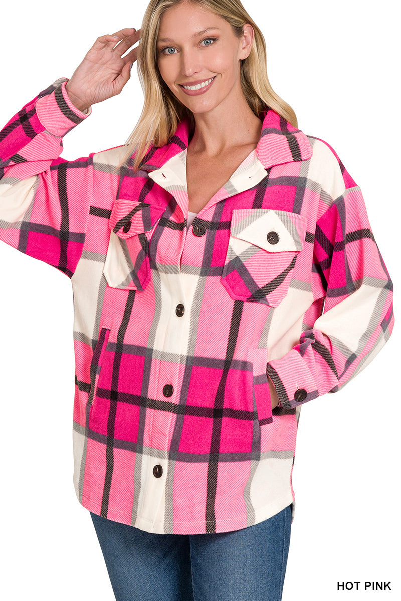 zenana oversized plaid fleece shacket - side view
