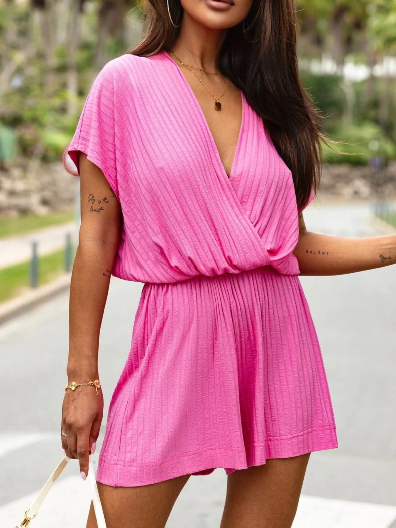Surplice Short Sleeve Romper Rose Red