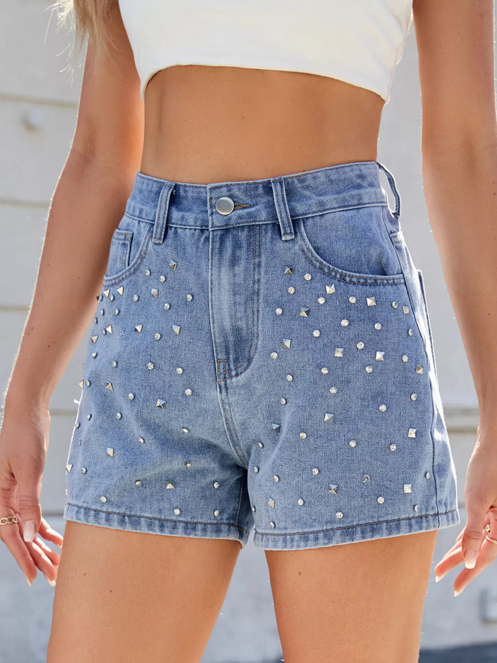 women's studded high waist denim shorts - additional angle