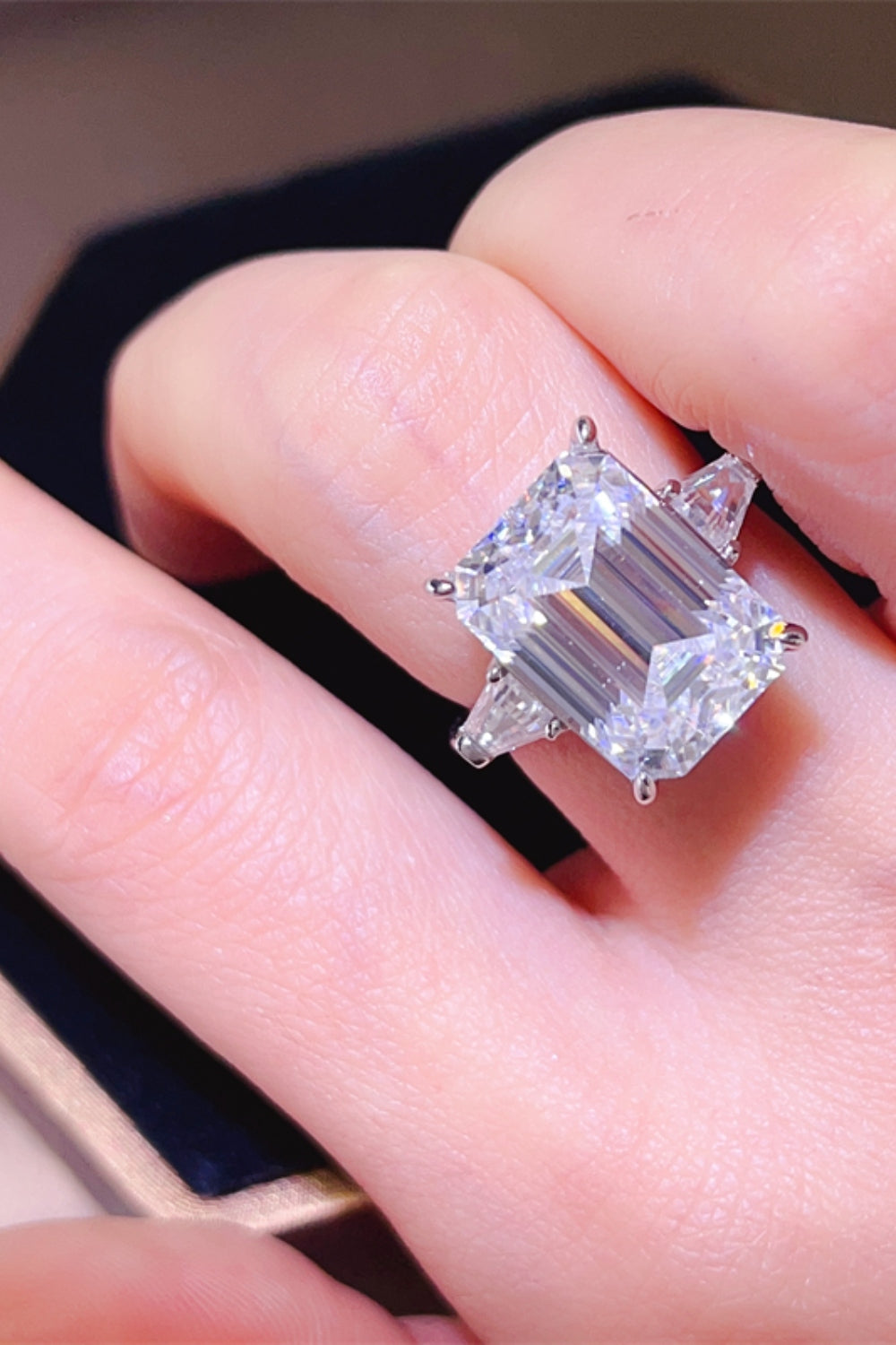 old european cut moissanite ring oval cut engagement ring 5 Carat Moissanite 925 Sterling Silver Ring in Silver, size 5, 6, 7, 8, 9, shown in angled view highlighting gemstone detail