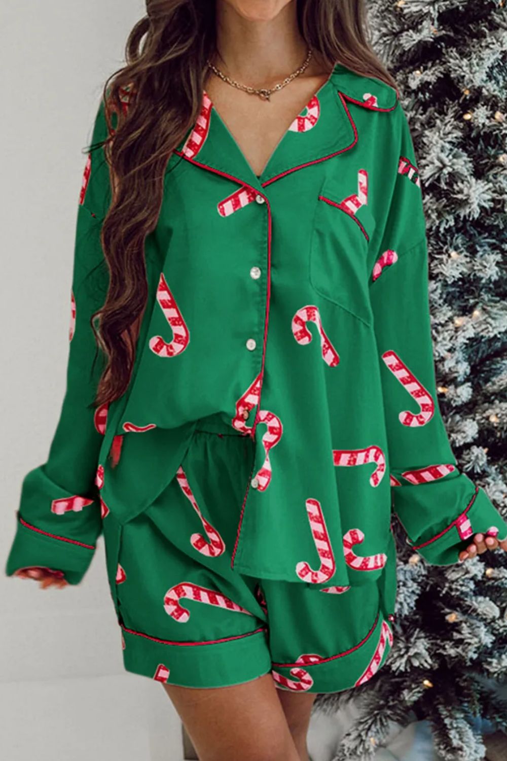 Candy Cane Collared Neck Long Sleeve Top and Shorts Lounge Set Dark Green