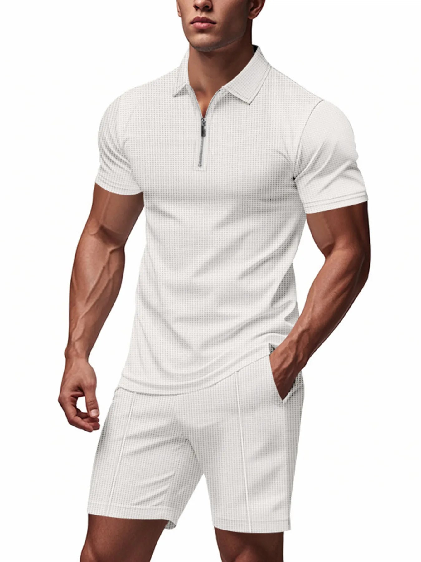 men's men's plus size quarter zip short sleeve top and shorts set - additional image