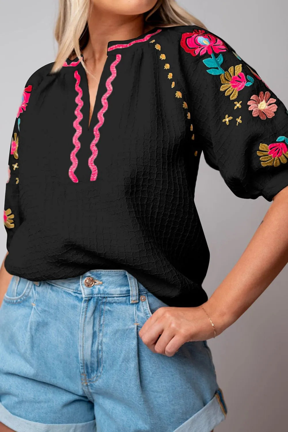 Floral Embroidered Notched Puff Sleeve Blouse Black
