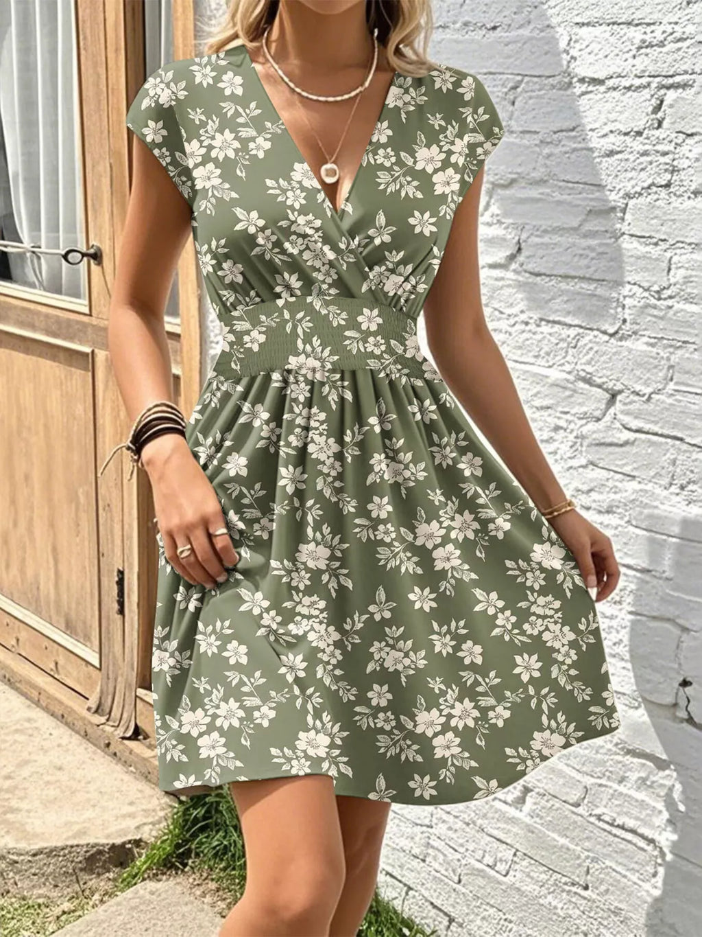 women's floral print surplice mini dress - product showcase