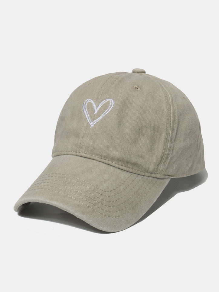 Embroidered Heart Washed Cotton Baseball Cap Beige One Size