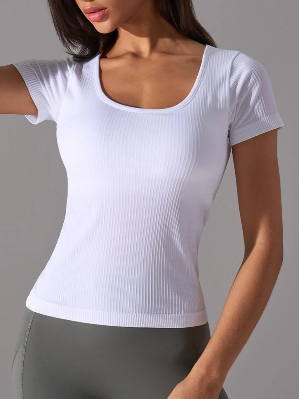 women's square neck active t-shirt with detachable chest pads - front view