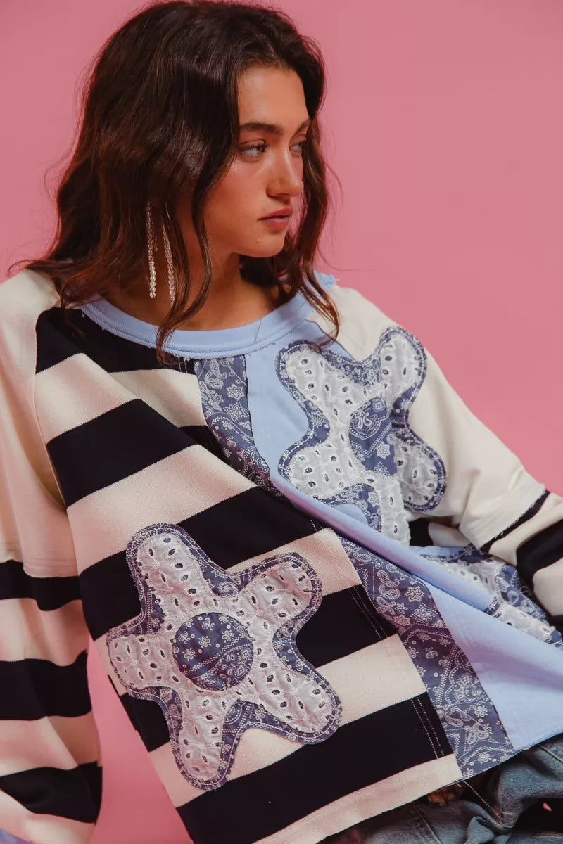 women's bibi patchwork striped round neck sweatshirt - additional image