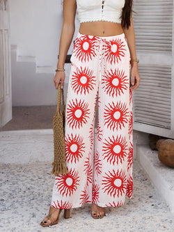Devine Drawstring Printed Wide Leg Pants Scarlet