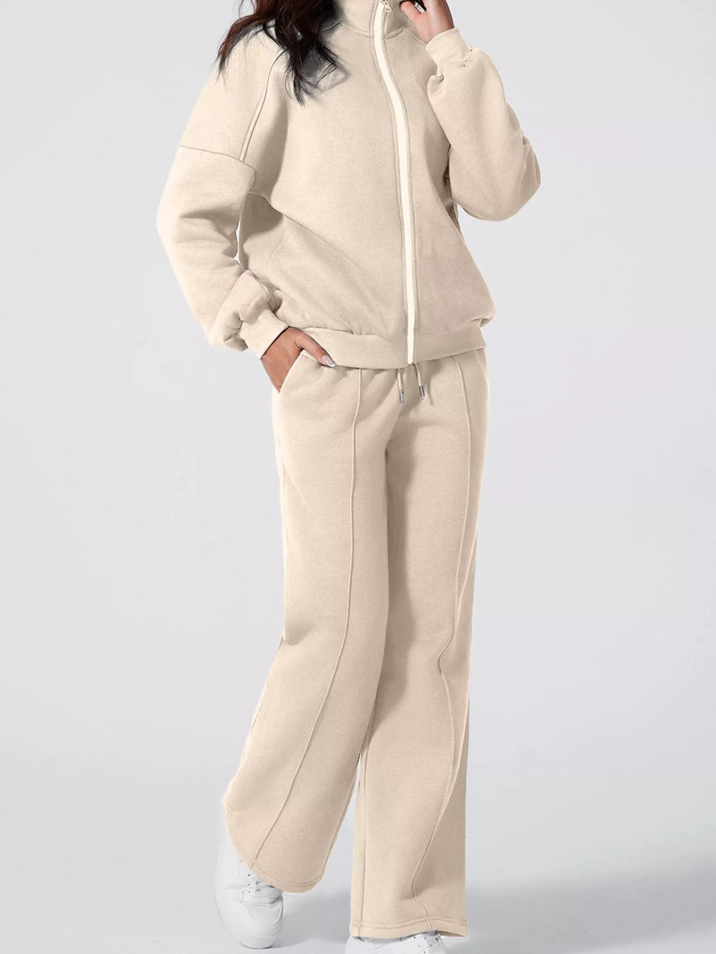 women's drop shoulder zip up jacket and drawstring pants active 2pcs set - styling option