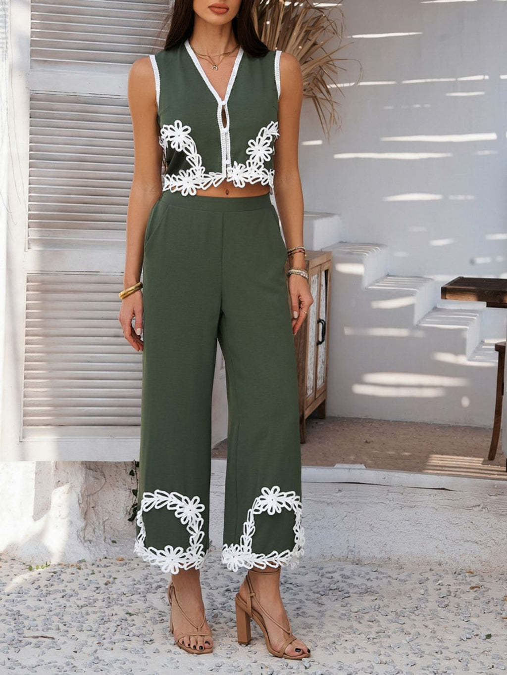 Devine Contrast Cropped Vest and Pants Set