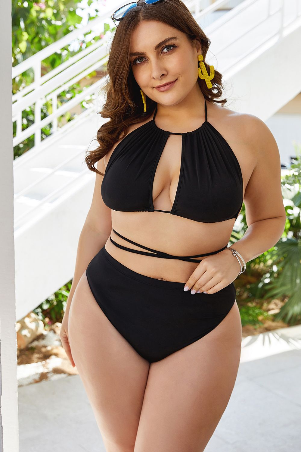 Plus Size Cutout Tied Backless Bikini Set Black