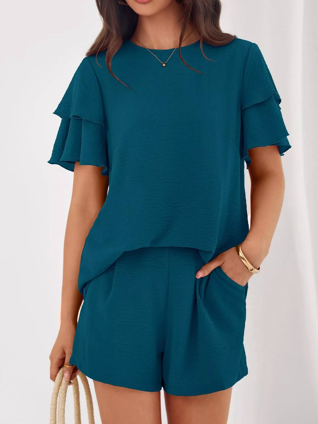 women's ruffle sleeve top and shorts two-piece set - additional image