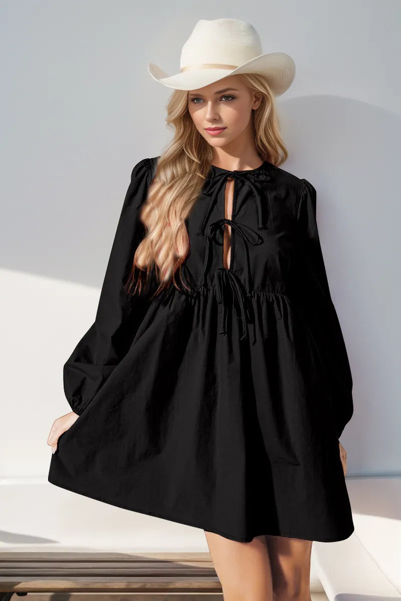 Double Take Christmas Front Tied Long Sleeve Mini Dress Black