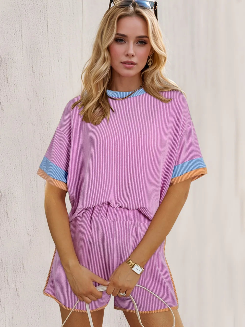 Oh Texture Round Neck Half Sleeve Top and Shorts Set Pink