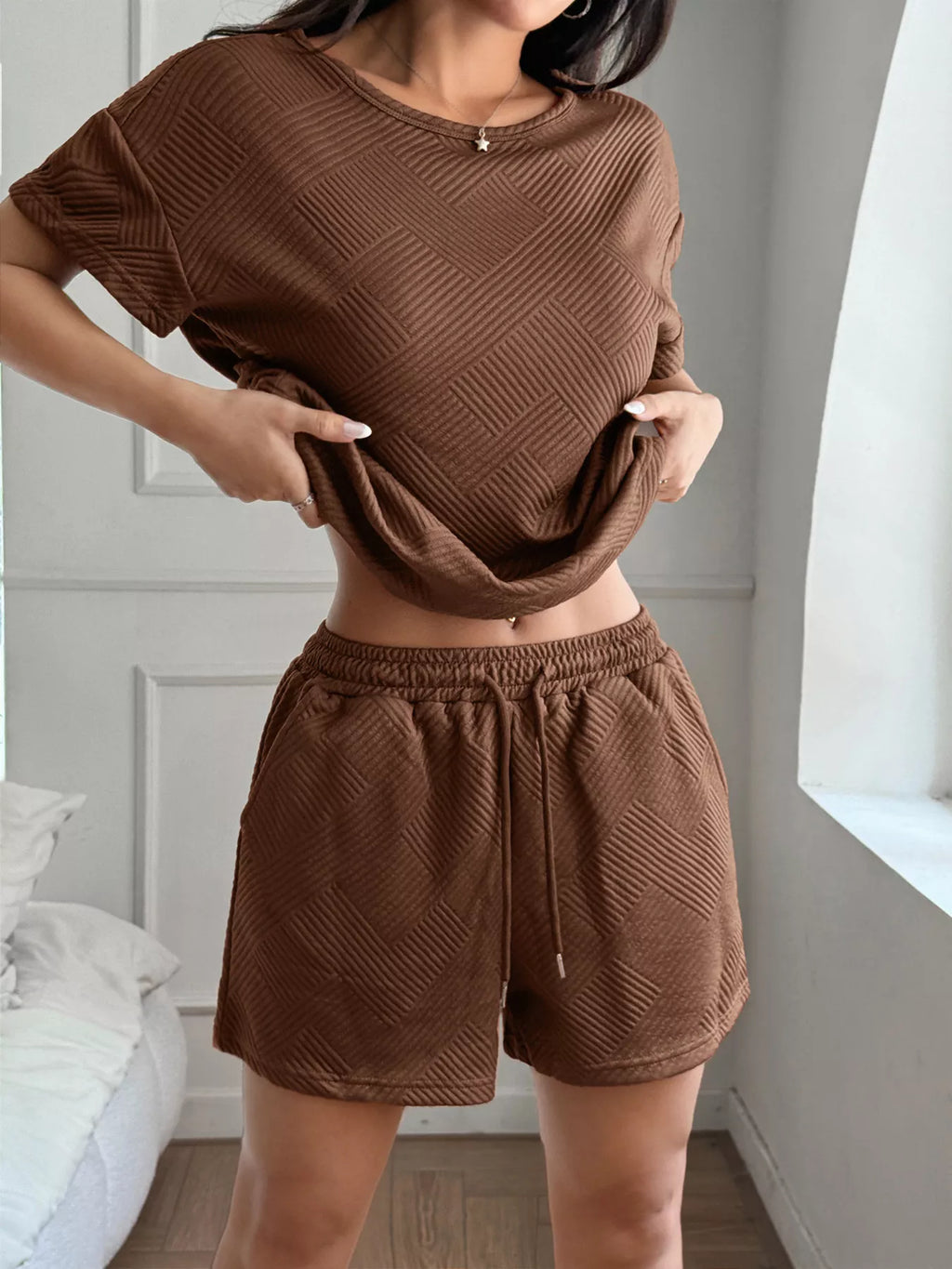 women's textured knit round neck top and shorts set - styled view