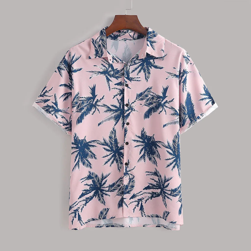men's men's full size tropical print hawaiian style top and shorts set plus size - detail shot