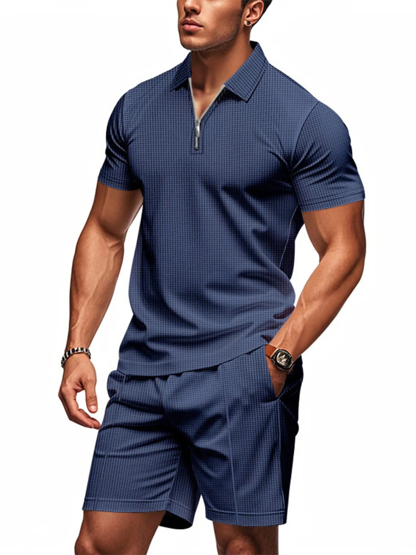 men's men's plus size quarter zip short sleeve top and shorts set - additional angle
