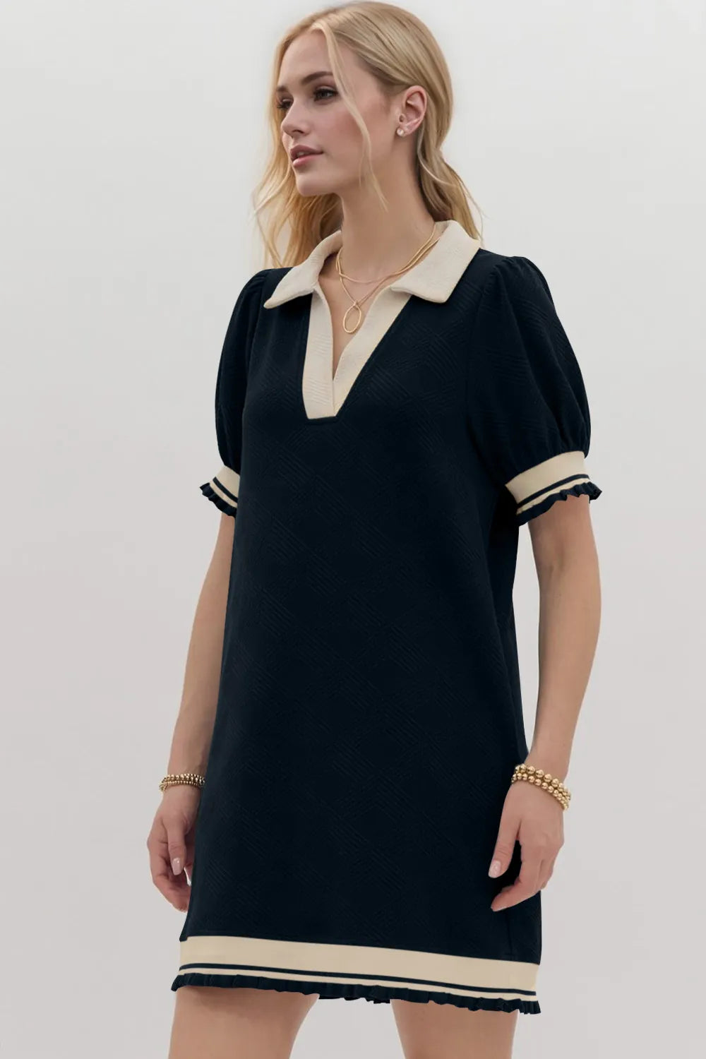 Oh Frill Contrast Trim Johnny Collar Short Sleeve Mini Dress Black