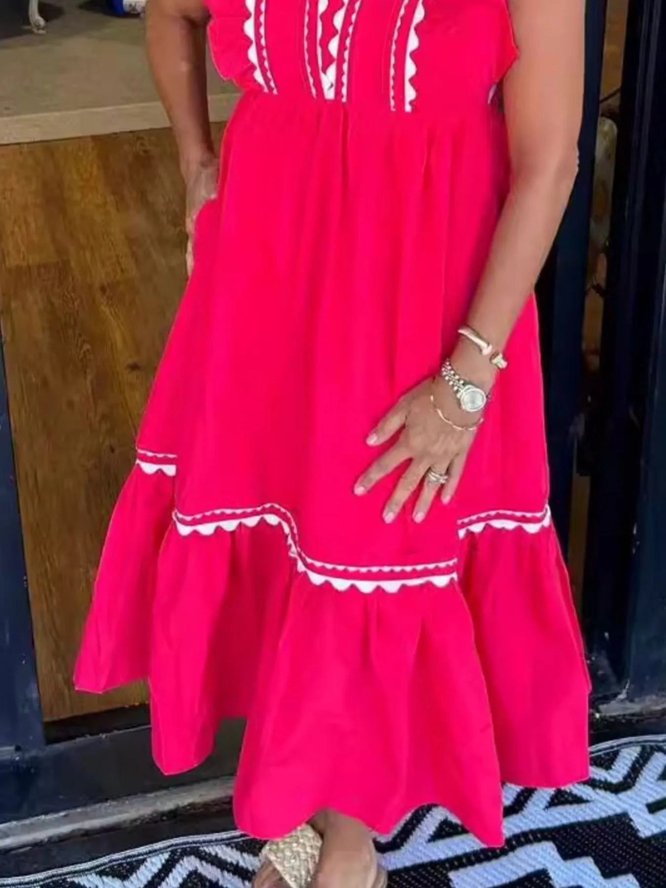 Full Size Contrast Trim Ruffled Cap Sleeve Dress Plus Size