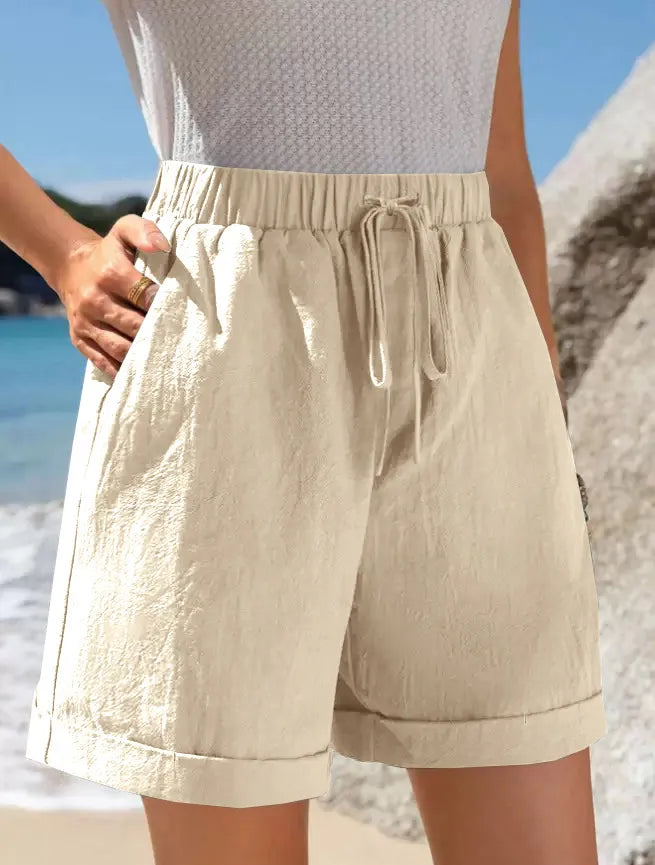 Full Size Drawstring Linen Blend Shorts Plus Size Apricot
