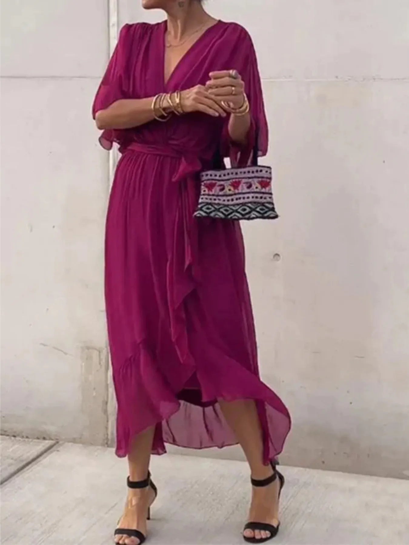 Full Size Flowy Tie Front Midi Dress with Flutter Sleeves Plus Size Purple Red