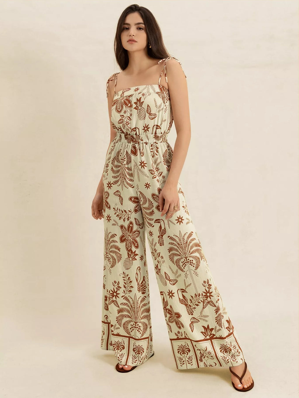 women's tie strap wide leg jumpsuit - styled view