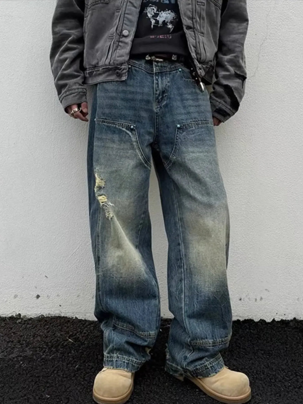 men's men's full size distressed wide leg jeans plus size - front view
