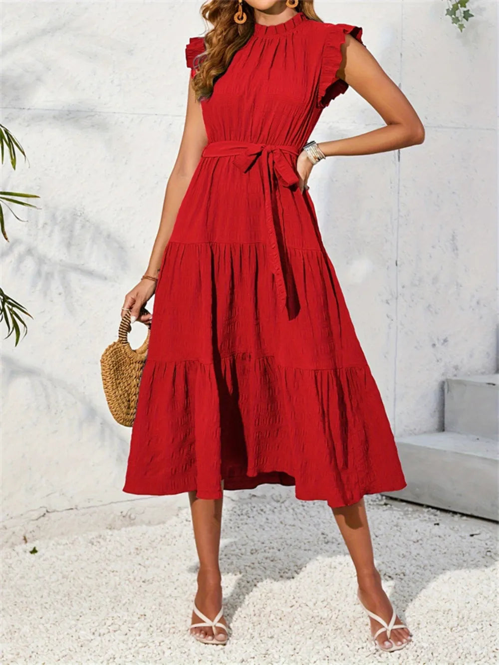 Frill Mock Neck Ruffled Cap Sleeve Midi Dress Deep Red