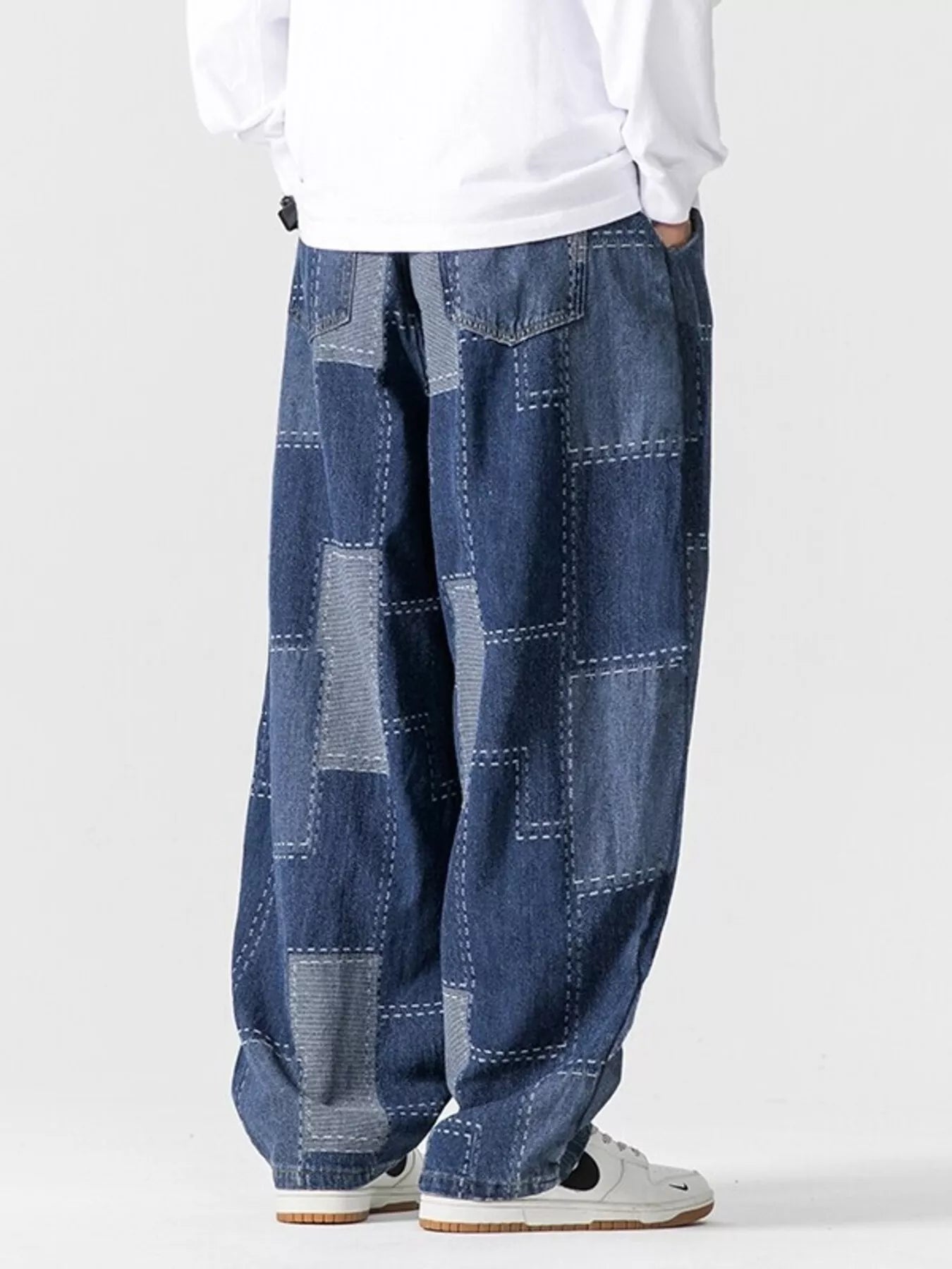 men's men's plus size patchwork wide leg jeans - close-up detail