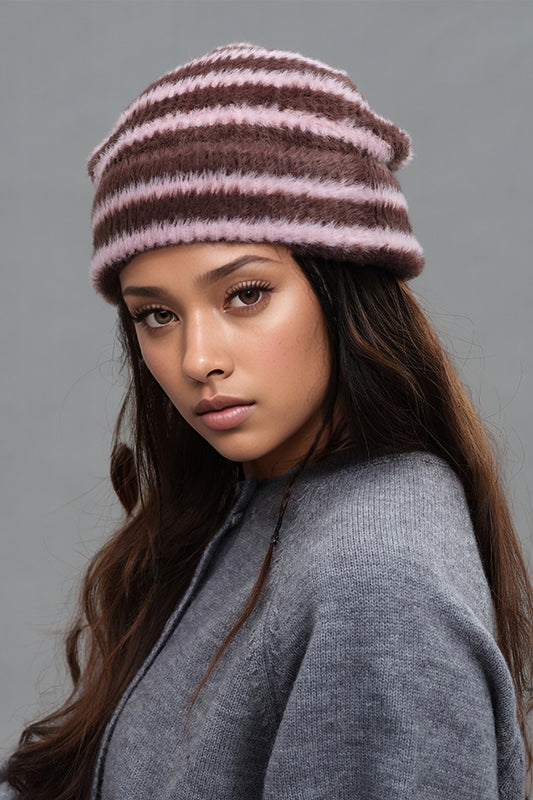 Fuzzy Contrast Striped Thermal Hat Brown Pink One Size