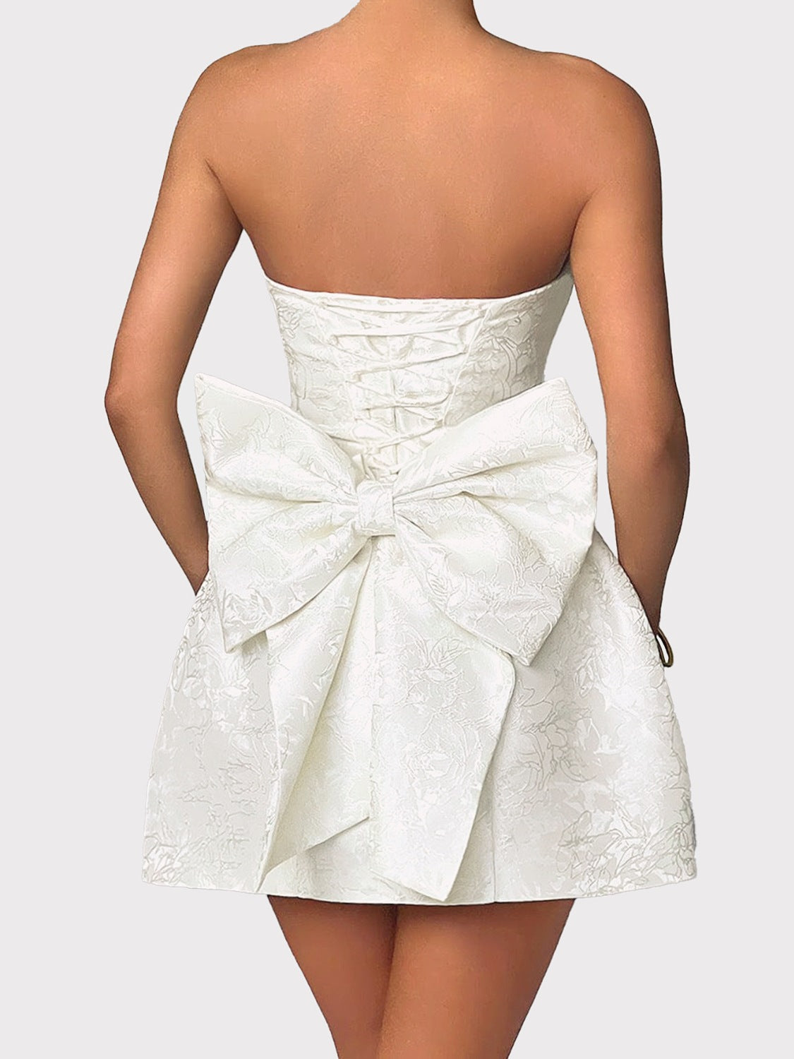 Lace-Up Sleeveless Satin Mini Dress with Bow White