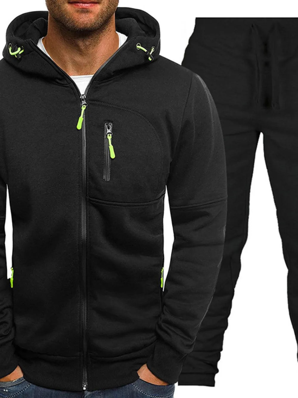 Men's Plus Size Zip Up Hooded Top and Pants Set Black