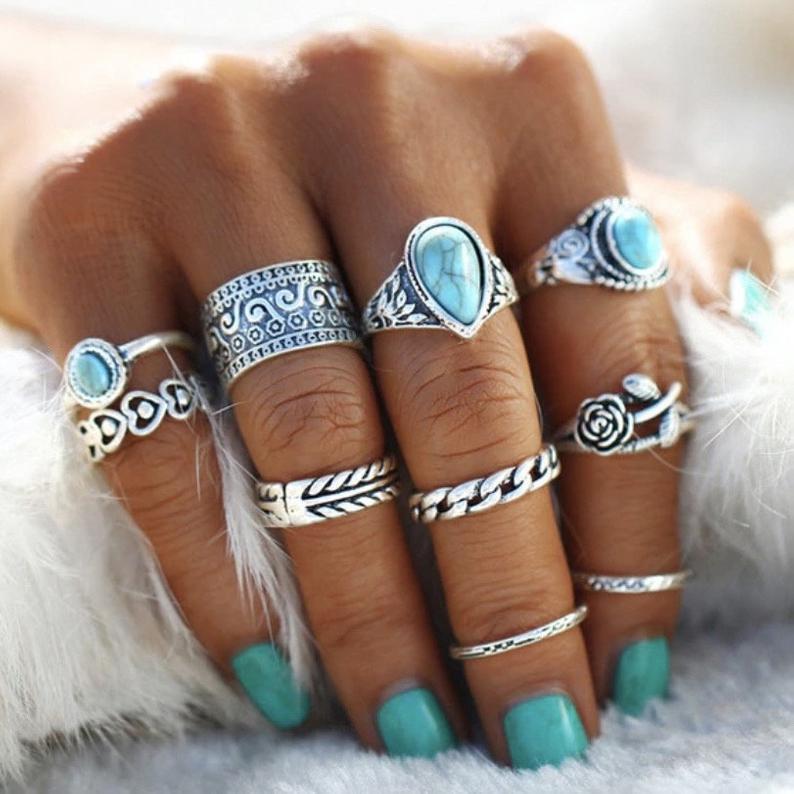 moissanite rings cushion cut antique jewelry silver Artificial Turquoise Alloy Ring 10-Piece Set in Silver, size One Size, shown in top view highlighting gemstone detail