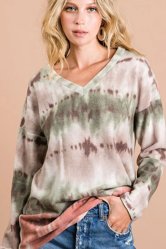 women's bibi brushed tie dye looking print v neck top - additional angle