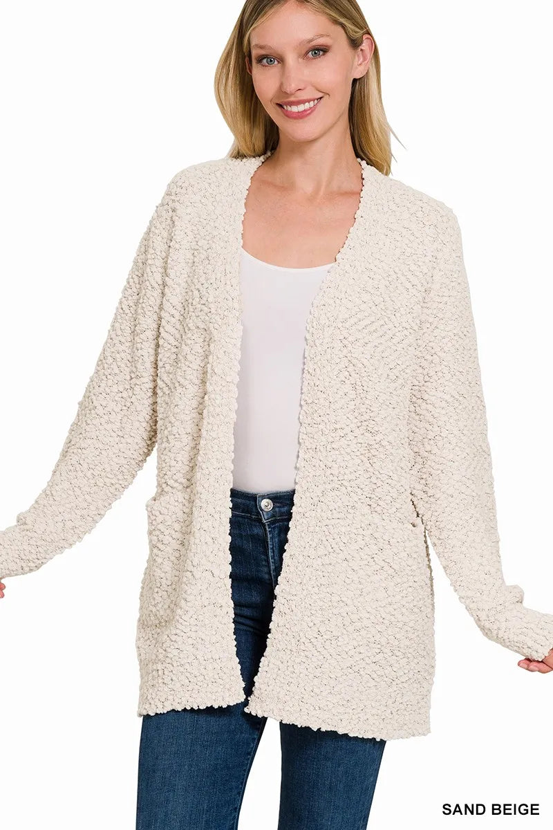 zenana long sleeve popcorn sweater cardigan with pockets - cozy everyday knit shown as women’s cardi