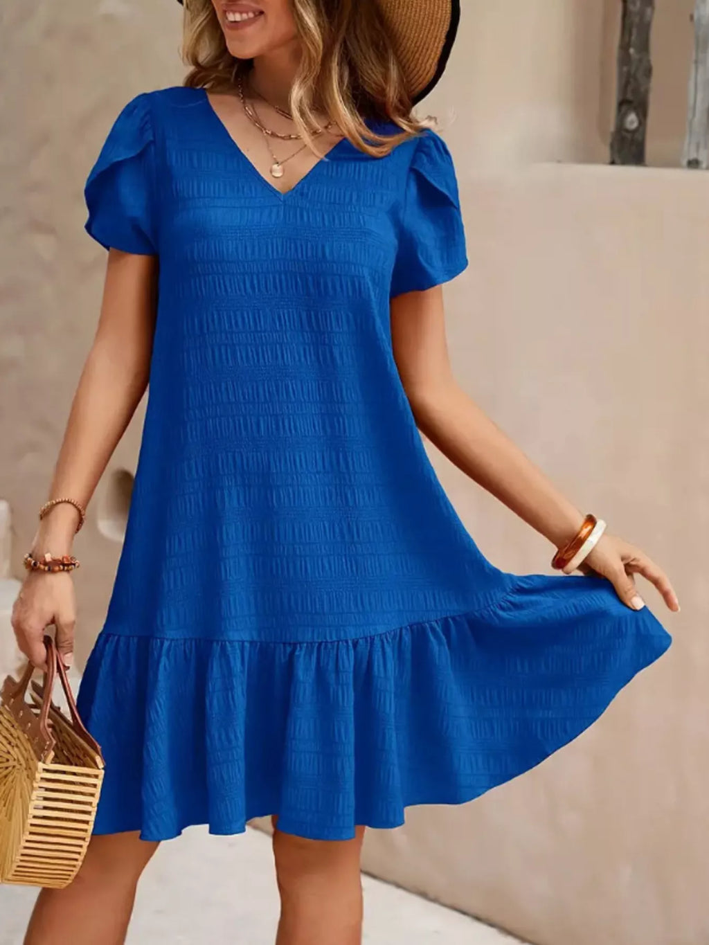 women's v-neck ruffle hem textured mini dress - styling option